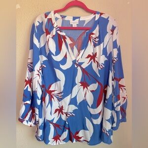 Liz Claiborne Blue White Red Tropical Floral Ruffle Sleeve V Neck Blouse 1X
